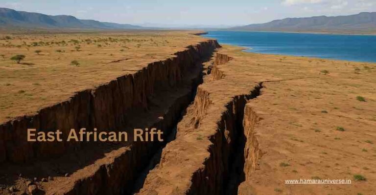 अफ्रीका में भूगर्भीय दरार और उसके किनारे बनता नया महासागर, दूर फैले पहाड़ और नीला आकाश