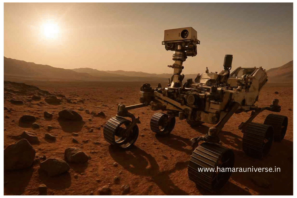 नासा के रोवर मंगल ग्रह पर जीवन के संकेत खोजते हुए चट्टानों का विश्लेषण करता हुआ