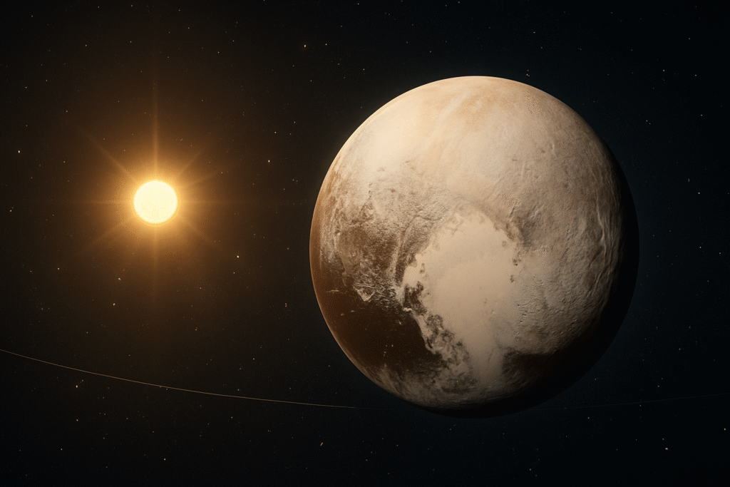 सौर मंडल में सूर्य के पास स्थित प्लूटो (PLUTO) की उच्च गुणवत्ता वाली डिजिटल छवि, जिसमें उसकी सतह का हृदय-आकार का क्षेत्र स्पष्ट रूप से दिखाई देता है।