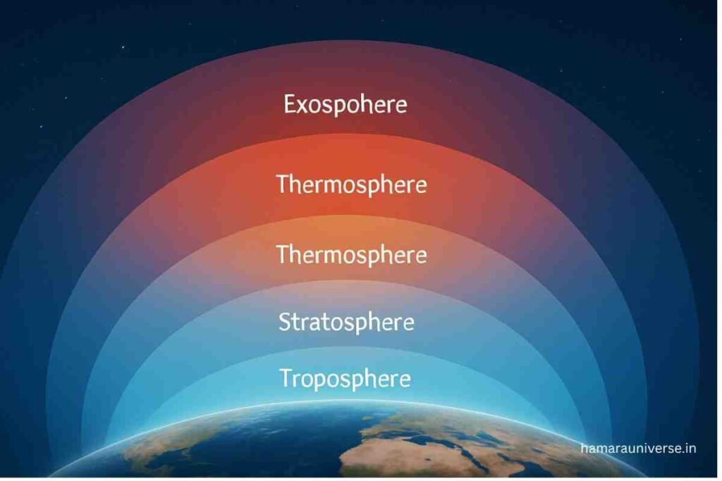 पृथ्वी के वायुमंडल (Atmosphere) की पाँच परतें – ट्रोपोस्फीयर से एक्सोस्फीयर तक का वैज्ञानिक चित्रण