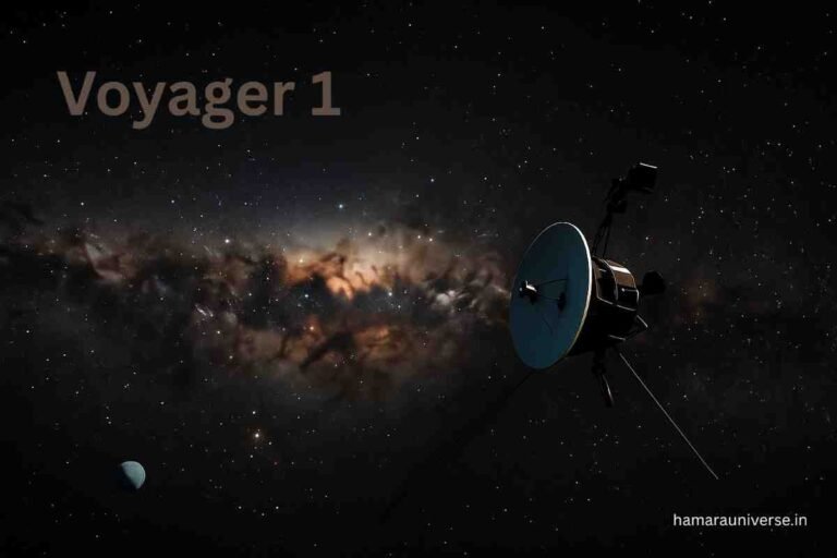 Illustration of Voyager 1 spacecraft journeying through deep interstellar space