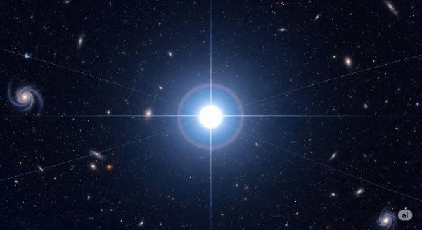 An artist's illustration of the Earendel star shining brightly in the deep expanse of space. The star is a brilliant blue-white point of light, surrounded by a subtle, glowing halo. Faint trails of light, caused by gravitational lensing from a distant galaxy cluster, stretch and distort the star's light into an arc shape. The dark, inky backdrop of space is filled with countless smaller, dimmer stars and distant galaxies.