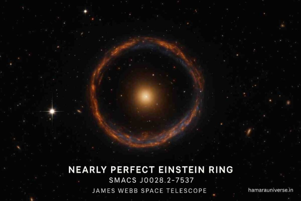 James Webb Space Telescope द्वारा देखी गई एक लगभग परिपूर्ण आइंस्टीन रिंग (Einstein Ring), जो SMACS J0028.2-7537 गैलेक्सी क्लस्टर के पास स्थित है। यह गुरुत्वाकर्षण लेंसिंग का प्रभाव है, जिसमें सामने की गैलेक्सी पीछे की रोशनी को मोड़कर रिंग जैसी आकृति बनाती है।