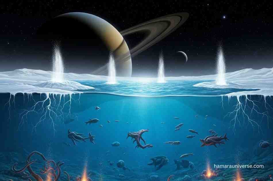 An artistic cross-section of Enceladus showing a sub-glacial ocean with bioluminescent life forms near hydrothermal vents. Geysers of water erupt through the icy crust into space, with Saturn and its rings visible in the background.