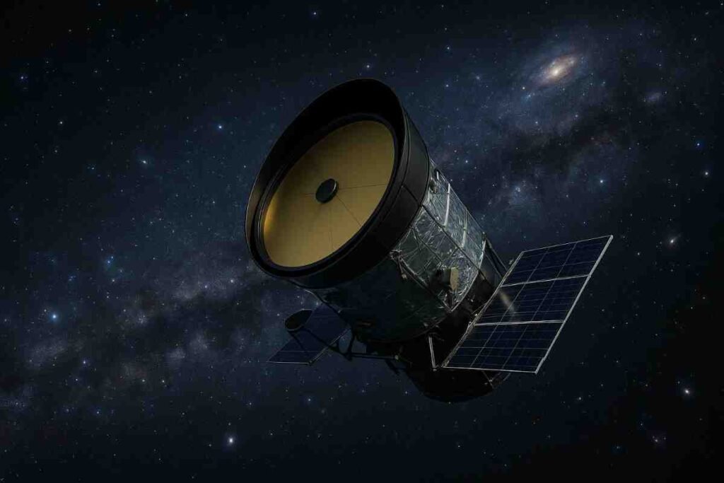 Roman Mission-Nancy Grace Roman Space Telescope floating in deep space with galaxy background