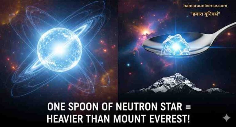 एक डिजिटल आर्टवर्क जिसमें बाईं ओर एक चमकता हुआ न्यूट्रॉन न्यूट्रॉन स्टार और दाईं ओर एक चमकदार चम्मच में न्यूट्रॉन तारे के पदार्थ का एक छोटा सा टुकड़ा दिखाया गया है। चम्मच के नीचे माउंट एवरेस्ट की एक छायाकृति है। नीचे लिखा हुआ है, 'एक चम्मच न्यूट्रॉन स्टार = माउंट एवरेस्ट से भी भारी!'