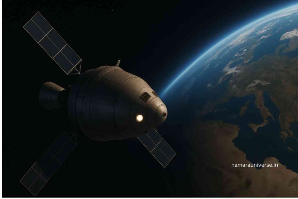 पृथ्वी की पृष्ठभूमि में उड़ता हुआ रूसी रोस्कोसमॉस (Roscosmos) अंतरिक्ष यान