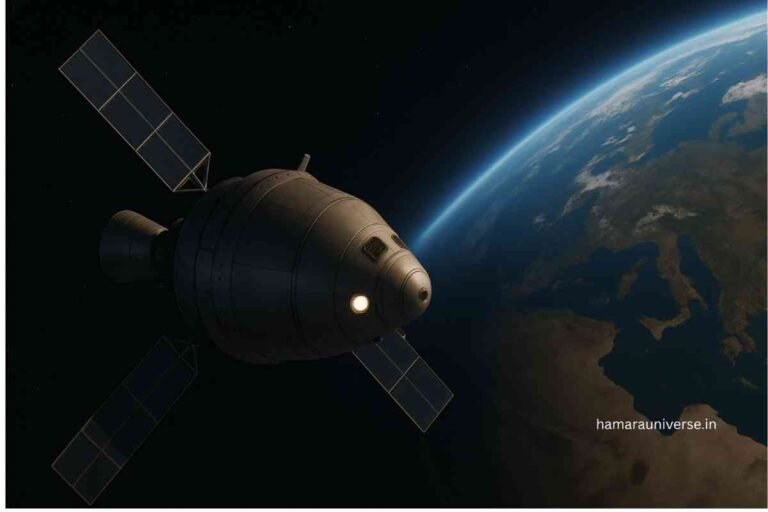 पृथ्वी की पृष्ठभूमि में उड़ता हुआ रूसी रोस्कोसमॉस (Roscosmos) अंतरिक्ष यान