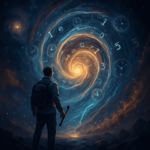 Time Travel A futuristic representation of time travel (рд╕рдордп рдпрд╛рддреНрд░рд╛)showing a human figure stepping into a swirling vortex of clocks and galaxies