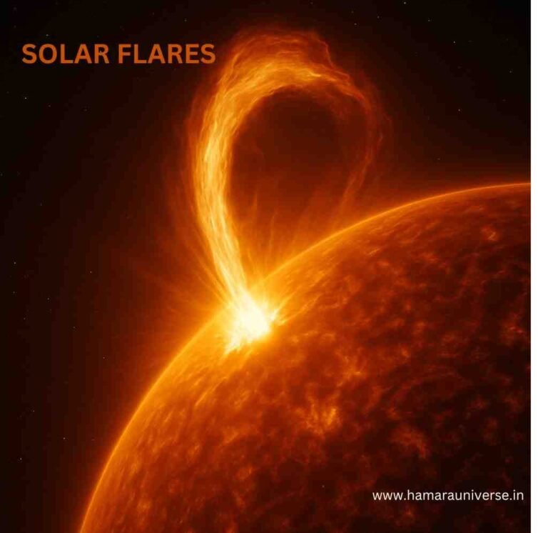 सूर्य की सतह से निकलती विशाल सौर ज्वालाएँ और प्लाज़्मा की आर्क का डिजिटल चित्रण