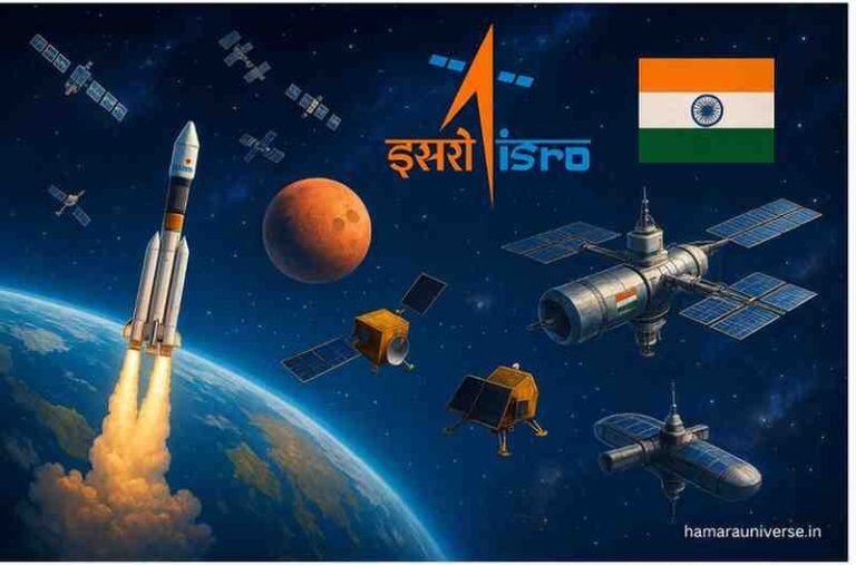 ISRO स्पेस टेक्नोलॉजी के गगनयान, चंद्रयान, मंगलयान, सैटेलाइट्स और भारतीय स्पेस स्टेशन की कल्पनात्मक छवि