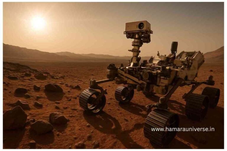नासा के रोवर मंगल ग्रह पर जीवन के संकेत खोजते हुए चट्टानों का विश्लेषण करता हुआ