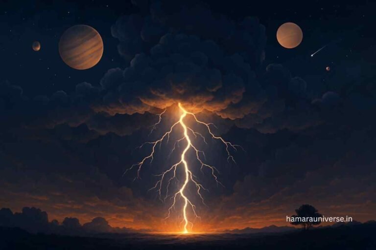 अंधेरे आकाश में बादलों से बिजली गिरती हुई, पृष्ठभूमि में ग्रह और एक पेड़ के साथ — बिजली सूरज से भी ज़्यादा गर्म मानी जाती है।