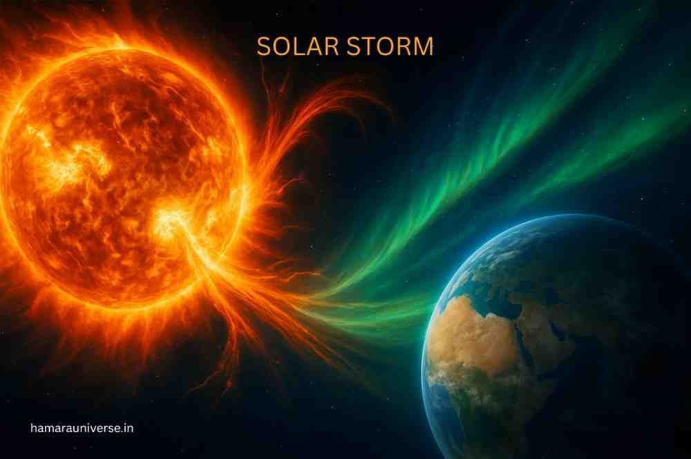 solar-storm-and-aurora सौर तूफ़ान के दौरान सूर्य से निकली ज्वाला और पृथ्वी के चारों ओर बनने वाली ऑरोरा रोशनी की डिजिटल चित्रण