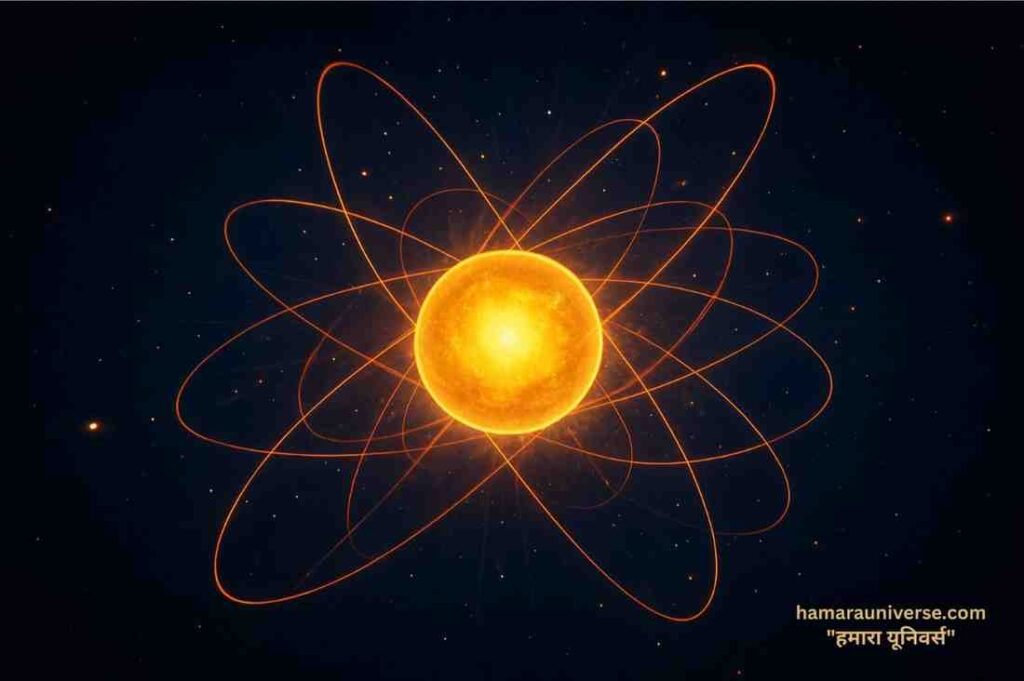 डिजिटल चित्रण जिसमें हिग्स बोसॉन 'गॉड पार्टिकल' को चमकते सुनहरे गोले के रूप में दर्शाया गया है, जिसके चारों ओर ऊर्जा की रेखाएँ घूम रही हैं।