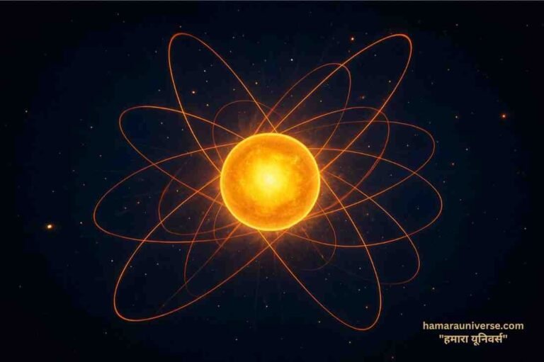 डिजिटल चित्रण जिसमें हिग्स बोसॉन 'गॉड पार्टिकल' को चमकते सुनहरे गोले के रूप में दर्शाया गया है, जिसके चारों ओर ऊर्जा की रेखाएँ घूम रही हैं।