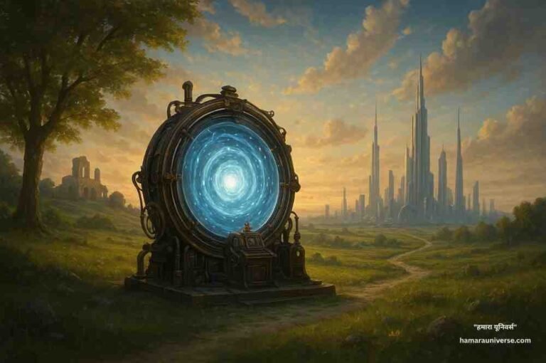एक चमकदार टाइम मशीन जो नीले घूमते हुए ऊर्जा भंवर के साथ अतीत और भविष्य को जोड़ती हुई दिख रही है — समय यात्रा की अवधारणा को दर्शाती हुई एक कलात्मक छवि।