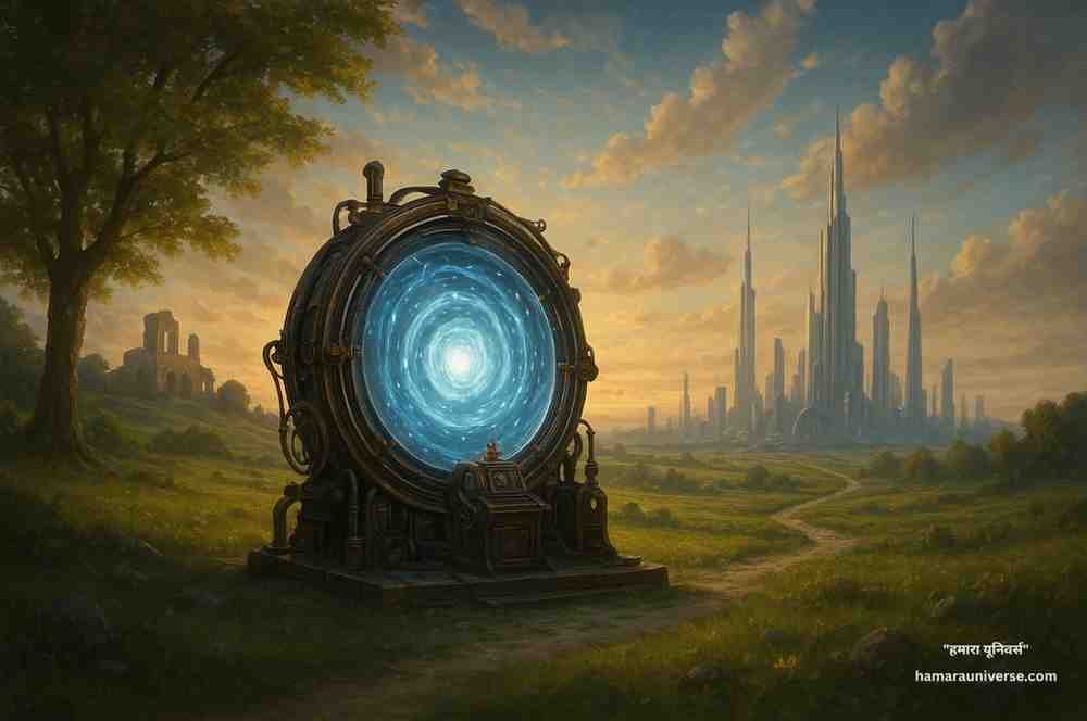 एक चमकदार टाइम मशीन जो नीले घूमते हुए ऊर्जा भंवर के साथ अतीत और भविष्य को जोड़ती हुई दिख रही है — समय यात्रा की अवधारणा को दर्शाती हुई एक कलात्मक छवि।