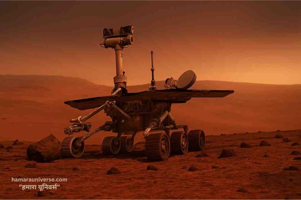 nasa-opportunity-rover नासा का ऑपर्च्युनिटी रोवर (Opportunity Rover) मंगल ग्रह की सतह पर धूल भरे वातावरण में सूर्यास्त के समय खड़ा हुआ।