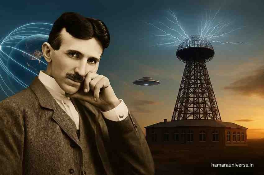 टेस्ला टॉवर और टेस्ला कॉइल के साथ निकोला टेस्ला का चित्रण