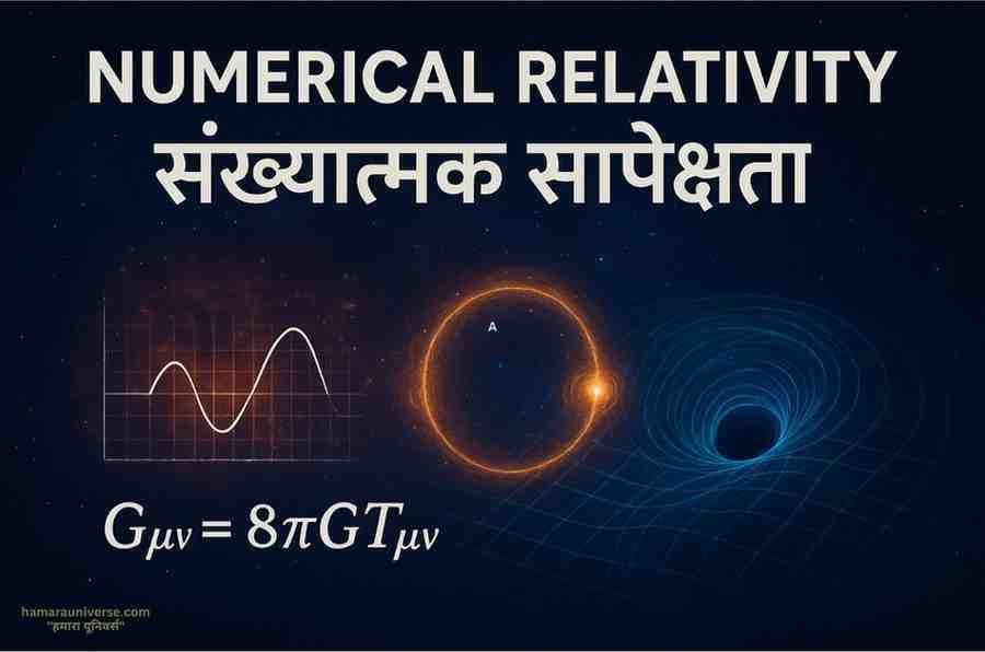 A digital illustration showing numerical relativity with Einstein’s equations, gravitational wave graph, a glowing black hole, and spacetime curvature, representing advanced physics and cosmology.