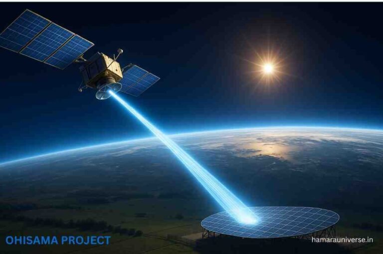 OHISAMA: एक उपग्रह (सैटेलाइट) जो पृथ्वी की कक्षा में स्थित है, सूर्य की रोशनी को एकत्र कर माइक्रोवेव बीम के ज़रिए धरती पर ऊर्जा भेज रहा है। नीचे रेक्टेना एंटीना दिखाई दे रही है जो ऊर्जा ग्रहण कर रही है। पृष्ठभूमि में नीला ग्रह पृथ्वी और ब्रह्मांडीय तारा-गणना नजर आ रही है।