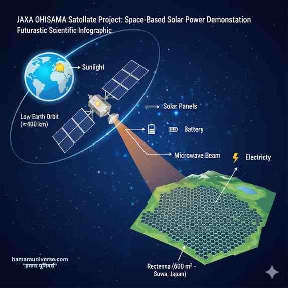 जाक्सा के OHISAMA उपग्रह परियोजना का एक भविष्यवादी वैज्ञानिक इन्फोग्राफिक, जिसमें पृथ्वी की निचली कक्षा में एक उपग्रह से सूर्य के प्रकाश को माइक्रोवेव बीम के माध्यम से सुवा, जापान में एक रेक्टेना को बिजली में परिवर्तित करते हुए दिखाया गया है।