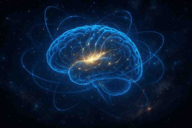 ब्रह्मांडीय पृष्ठभूमि में चमकती ऊर्जा रेखाओं से घिरा हुआ मानव मस्तिष्क, जो क्वांटम चेतना और क्वांटम प्रक्रियाओं का प्रतीक है।