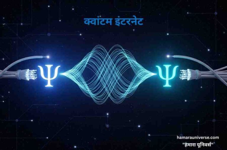 क्वांटम इंटरनेट-एक डिजिटल चित्रण जिसमें बाईं ओर एक चमकता हुआ क्वांटम एंटेंगलमेंट प्रतीक (ψ) है, जो एक लहरदार, चमकदार नीली रोशनी से दाईं ओर एक और क्वांटम प्रतीक से जुड़ा है। दोनों प्रतीक फाइबर ऑप्टिक केबल्स से जुड़े हुए हैं, जो एक अंधेरे, तारों वाले बैकग्राउंड और हल्के सर्किट जैसे पैटर्न के बीच स्थित हैं।