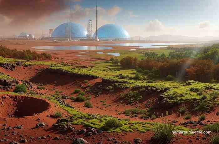 मंगल ग्रह का टेराफॉर्मिंग, जिसमें लाल मिट्टी की सतह पर हरे पौधे और घास उग रही है। पृष्ठभूमि में, पानी की झीलें और भविष्य के बड़े गुंबद (domes) दिख रहे हैं।