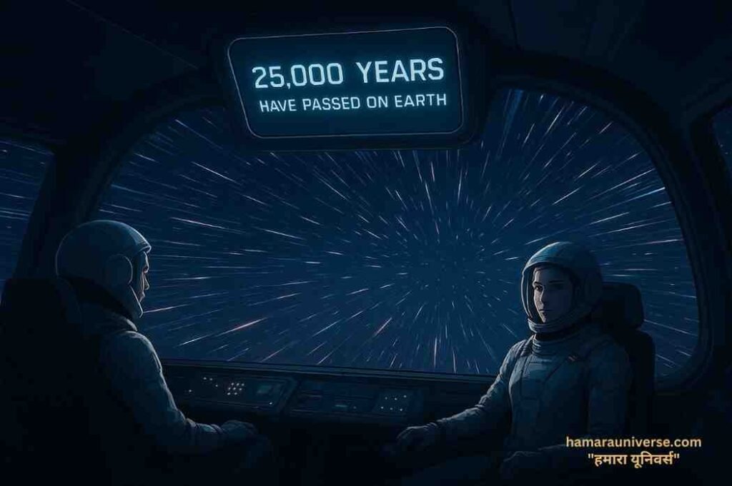  समय फैलाव (Time Dilation): भविष्य का अंतरिक्ष यान, जो प्रकाश की गति के करीब यात्रा कर रहा है। खिड़कियों के बाहर तारे लकीरों की तरह फैले हुए दिखते हैं, अंदर युवा दिखते अंतरिक्ष यात्री और डिजिटल स्क्रीन पर लिखा है — 'पृथ्वी पर 25,000 वर्ष बीत चुके हैं'।"