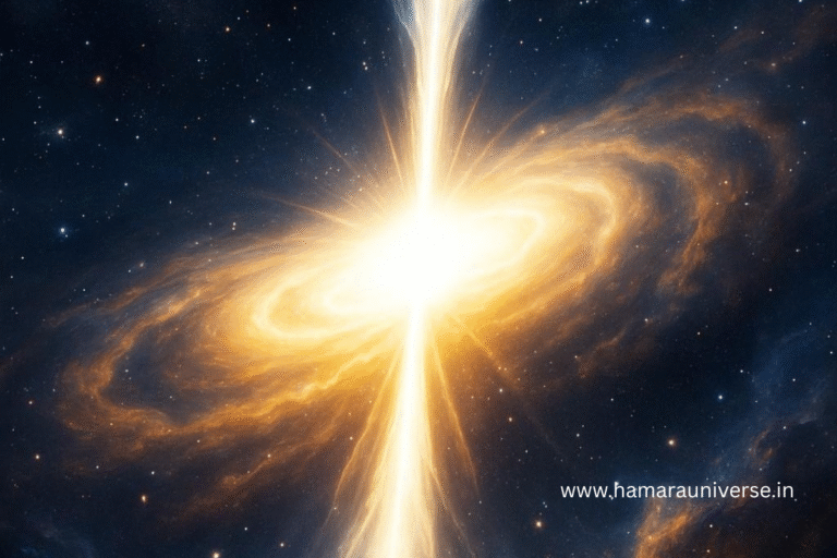 व्हाइट होल (White Hole) का वैज्ञानिक चित्रण जो ब्लैक होल के विपरीत दिशा में ऊर्जा को दर्शाता है