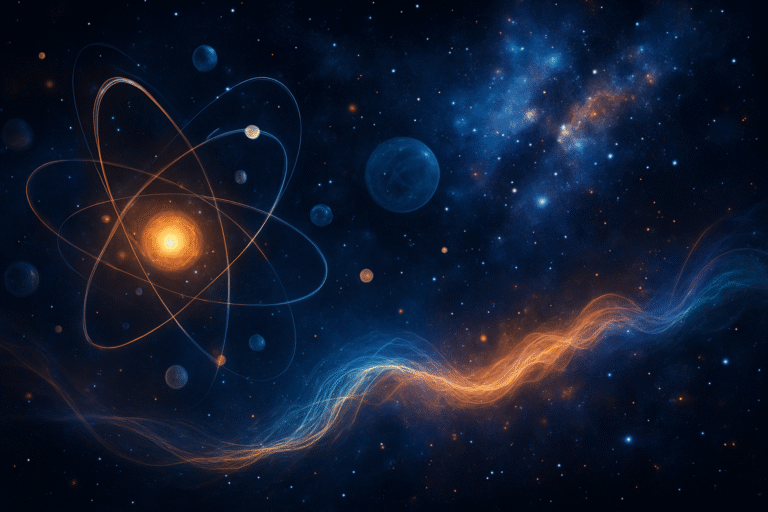 एक डिजिटल चित्र जिसमें ब्रह्मांड की पृष्ठभूमि में सूक्ष्म कण, फोटॉन, और क्वांटम तरंगें दर्शाई गई हैं – क्वांटम फिजिक्स और ब्रह्मांड का वैज्ञानिक दृष्टिकोण