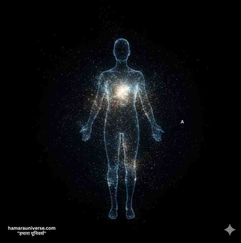 A human silhouette emitting faint blue and golden light particles, representing biophoton emission (बायोफोटोन उत्सर्जन) from the body.