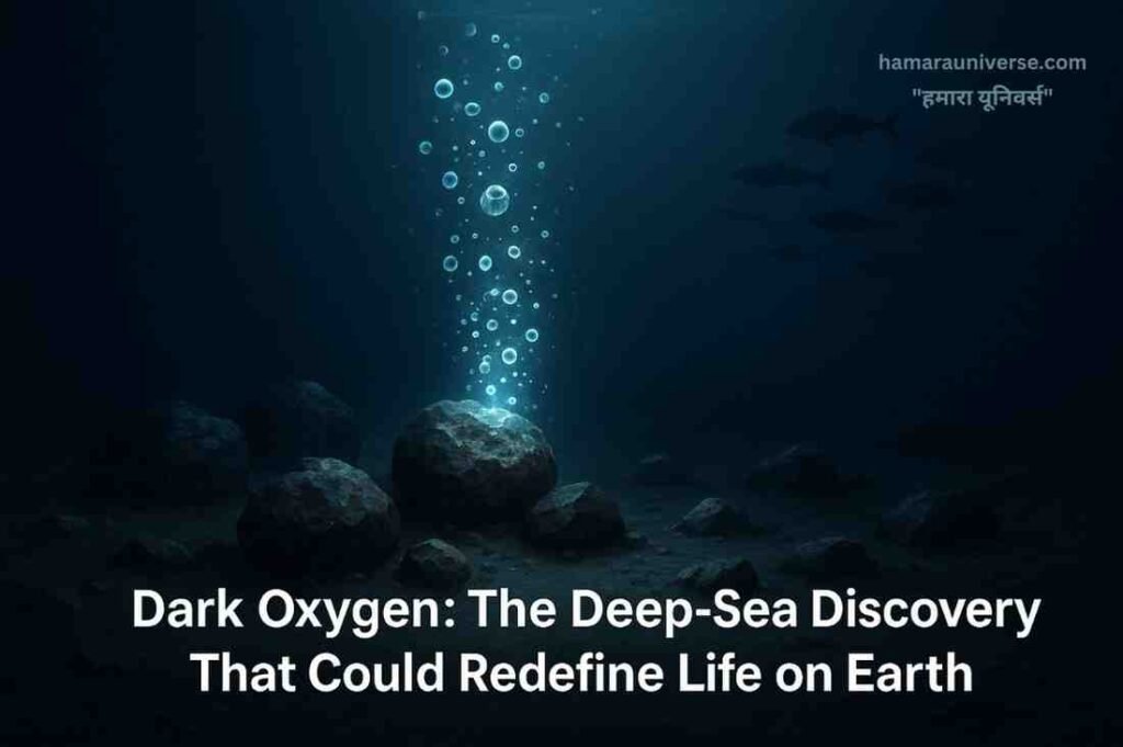 dark-oxygen गहरे समुद्र की चट्टानों पर चमकते धातु नोड्यूल्स से उठते ऑक्सीजन बुलबुले, जो डार्क ऑक्सीजन की रहस्यमयी खोज को दर्शाते हैं।