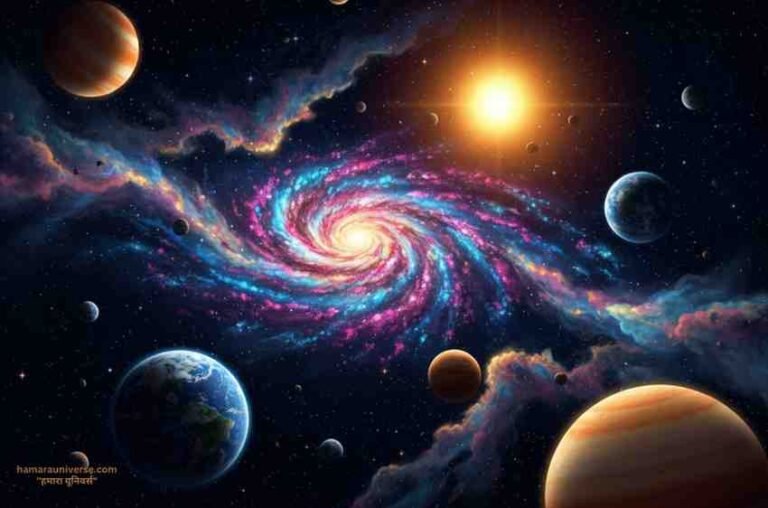 Exoplanets: New Worlds Beyond Earth". The background is a deep space scene with blue and purple cosmic nebulae, galaxies, and scattered stars.