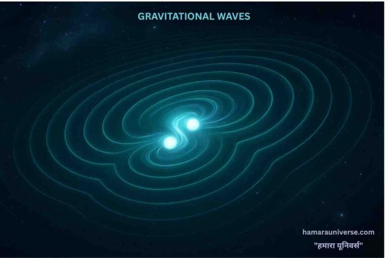 ब्रह्मांड में दो न्यूट्रॉन तारों के टकराव से उत्पन्न होती गुरुत्वीय तरंगें, जो अंतरिक्ष में लहरों के रूप में फैल रही हैं।