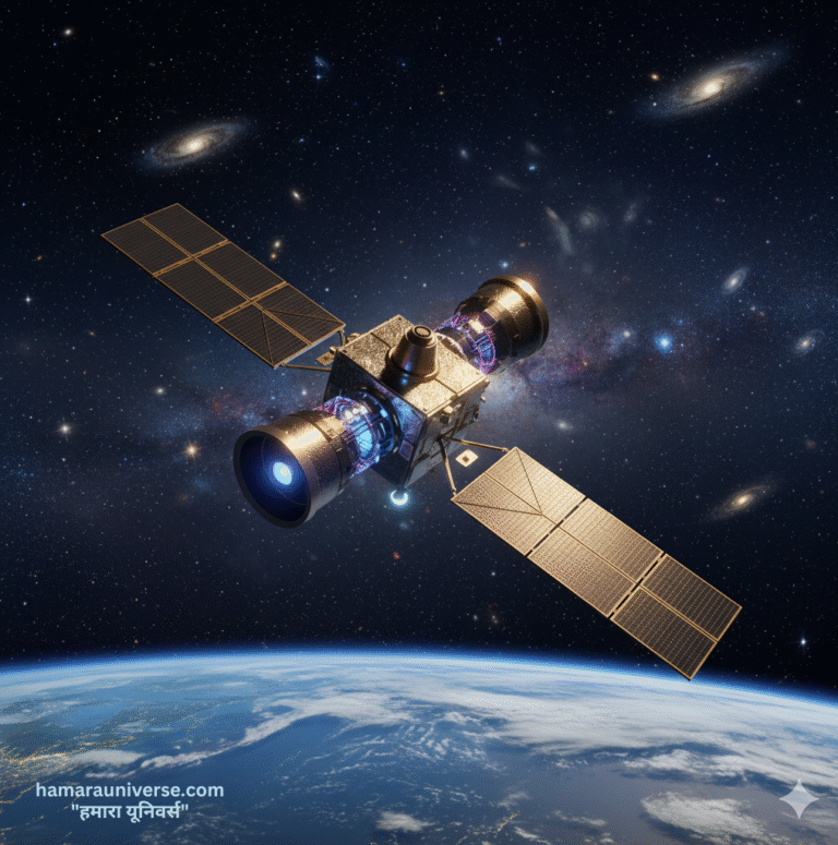 Exposat Mission का यथार्थवादी 3D चित्रण जिसमें पृथ्वी की परिक्रमा करता भारतीय XPoSat उपग्रह अपने सौर पैनल, POLIX और XSPECT उपकरणों के साथ दिखाई दे रहा है, पृष्ठभूमि में तारे और दूर की आकाशगंगाएँ हैं।