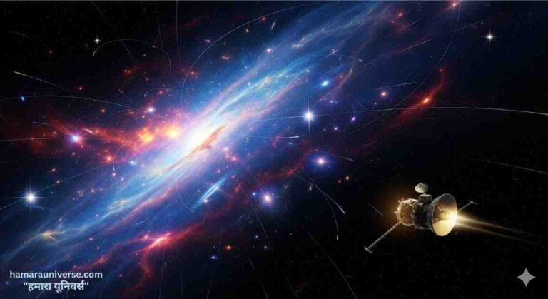 अंतरतारकीय अंतरिक्ष का सिनेमाई विज्ञान-फाई कॉन्सेप्ट आर्ट जिसमें वॉयजर अंतरिक्ष यान एक चमकदार नेबुला और तारों के बीच तैर रहा है।