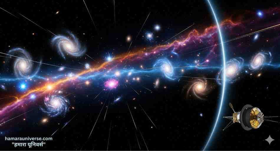 interstellar-space рдЕрдВрддрд░рддрд╛рд░рдХреАрдп рдЕрдВрддрд░рд┐рдХреНрд╖ рдореЗрдВ рдпрд╛рддреНрд░рд╛ рдХрд░ рд░рд╣реЗ рд╡реЙрдпрдЬрд░ рдЕрдВрддрд░рд┐рдХреНрд╖ рдпрд╛рди рдХреА рдбрд┐рдЬрд┐рдЯрд▓ рдкреЗрдВрдЯрд┐рдВрдЧ, рдЬрд┐рд╕рдореЗрдВ рдкреГрд╖реНрдарднреВрдорд┐ рдореЗрдВ рдШреВрдорддреА рд╣реБрдИ рд░рдВрдЧреАрди рдиреЗрдмреБрд▓рд╛ рдФрд░ рджреВрд░ рдХреА рдЖрдХрд╛рд╢рдЧрдВрдЧрд╛рдПрдВ рджрд┐рдЦ рд░рд╣реА рд╣реИрдВред