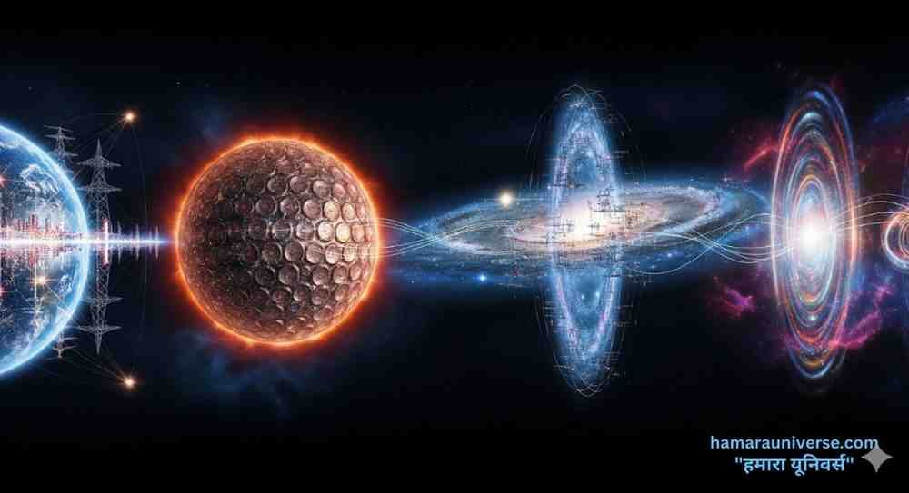 कर्दाशेव स्केल का एक मनोरम, साइ-फाई डिजिटल चित्रण। बाईं ओर, गगनचुंबी इमारतों, सौर पैनलों और पवन टर्बाइनों वाली एक भविष्य की पृथ्वी (टाइप I) है। केंद्र में, एक तारे को घेरने वाले सौर संग्राहकों का एक डायसन स्वार्म (टाइप II) है। दाईं ओर, एक सर्पिल आकाशगंगा को नियंत्रित ऊर्जा बीमों के साथ दिखाया गया है (टाइप III)। सबसे दाईं ओर, अमूर्त ब्रह्मांडीय क्षेत्र उच्च सभ्यताओं (टाइप IV-VI) का प्रतिनिधित्व करते हैं।