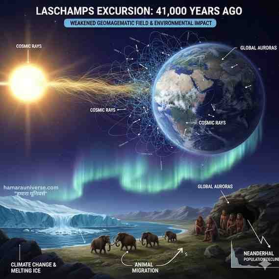 ग्रह पृथ्वी का एक डिजिटल चित्र जो लाशैम्प्स एक्सकर्शन के दौरान उसकी स्थिति को दर्शाता है। इसमें पृथ्वी का चुंबकीय क्षेत्र कमजोर और टूटा हुआ दिखाई दे रहा है, जिससे ब्रह्मांडीय किरणें (cosmic rays) सीधे वातावरण में प्रवेश कर रही हैं। उत्तरी और दक्षिणी ध्रुवों के अलावा, असामान्य क्षेत्रों में भी चमकीले अरोरा (auroras) फैले हुए हैं।