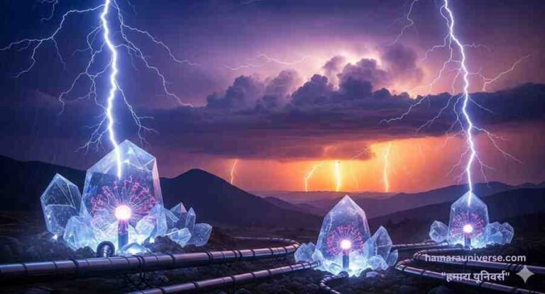 बिजली के तूफ़ान के दौरान, पहाड़ों के ऊपर गिरती हुई बिजली को बड़े ऊर्जा क्रिस्टलों में संचित किया जा रहा है, जो बिजली संचयन (lightning-harness) की अवधारणा को दर्शाता है।