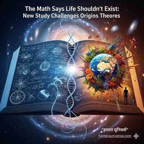 एक ब्रह्मांडीय पृष्ठभूमि पर एक खुली हुई किताब का चित्रण। किताब के एक पृष्ठ पर जटिल गणितीय समीकरण और रेखाचित्र 'गणित कहता है जीवन असंभव है' के विचार को दर्शाते हैं। दूसरे पृष्ठ पर एक फलता-फूलता ग्रह पृथ्वी और डीएनए की एक कुंडली बनी है, जो जीवन के विरोधाभास को उजागर करती है।