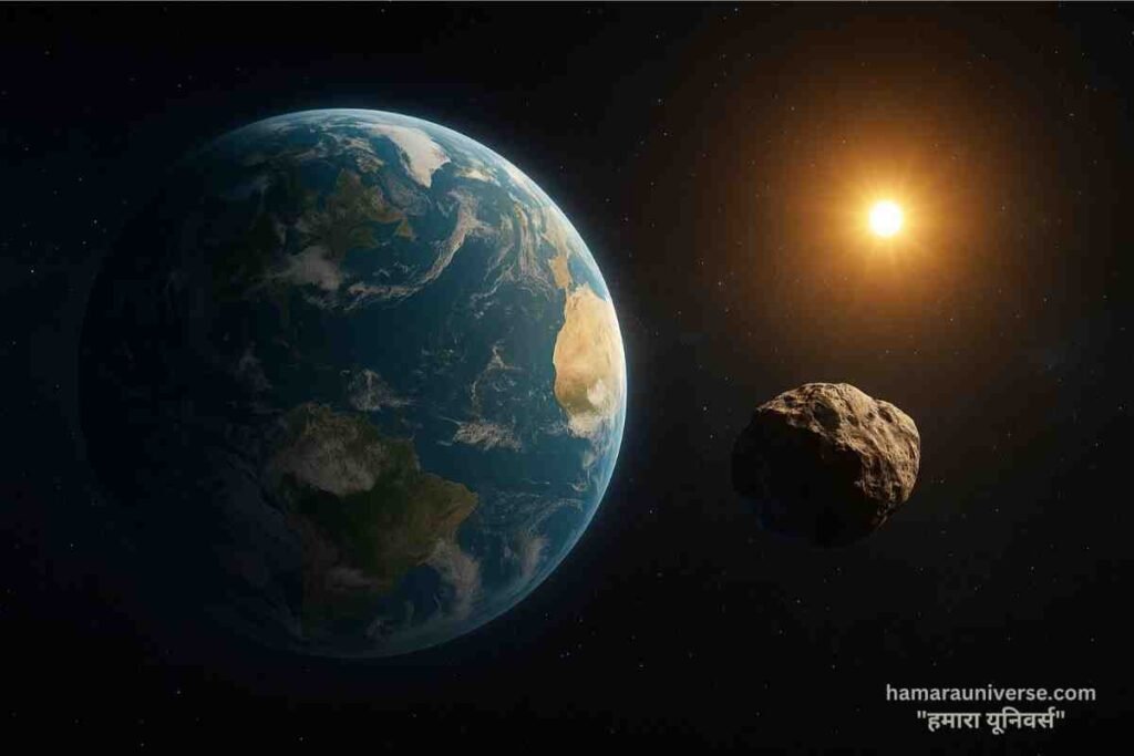 Asteroid 2025 PN7(क्वासी-मून) orbiting near Earth as a quasi-moon with Sunlight and space background