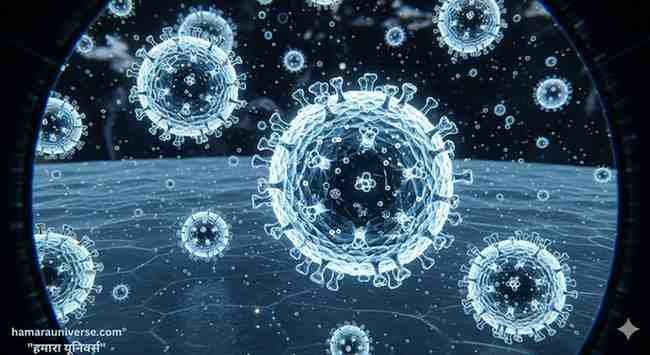 बर्फ़ीले पानी में तैरते हुए जायंट वायरस का एक वैज्ञानिक चित्रण। ये वायरस सामान्य वायरसों से बहुत बड़े और गोलाकार हैं, जिनकी सतह पर जटिल बनावट है। यह एक भविष्यवादी माइक्रोस्कोप दृश्य जैसा दिखता है, जिसमें चमकती हुई बनावट है।