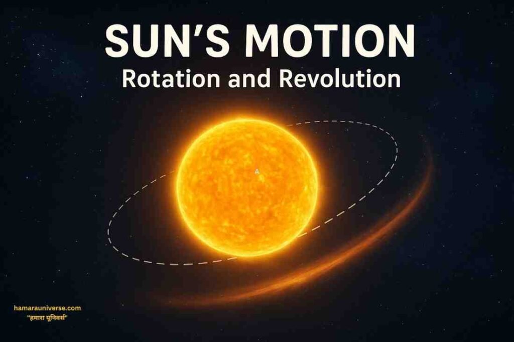 Motion of Sun (सूर्य की गति) Sun glowing in space with a dashed orbit path around it, representing its rotation and revolution