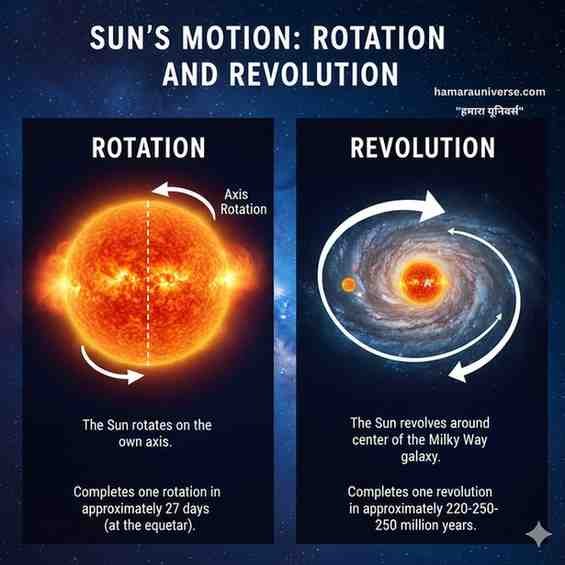 An infographic image showing the Sun's motion (Motion of Sun (सूर्य की गति)), divided into two parts. The left section, titled "Rotation," shows a glowing sun with an arrow indicating its rotation on its axis. The right section, titled "Revolution," shows the Sun orbiting the center of the Milky Way galaxy. Both sections include descriptive text in English and Hindi about the speed and time taken for each motion.