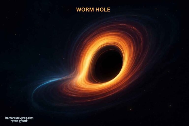 एक काल्पनिक व वैज्ञानिक रूप से दर्शाया गया वॉर्महोल, जो ब्रह्मांड में दो स्थानों को जोड़ने वाली सुरंग की तरह दिखाई देता है। यह समय यात्रा और अंतरिक्ष भौतिकी की थ्योरी से जुड़ा है।