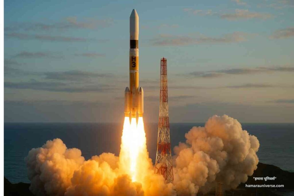 A realistic landscape image of Japan’s H3 rocket launching from Tanegashima Space Center carrying the HTV-X1 spacecraft to the ISS.